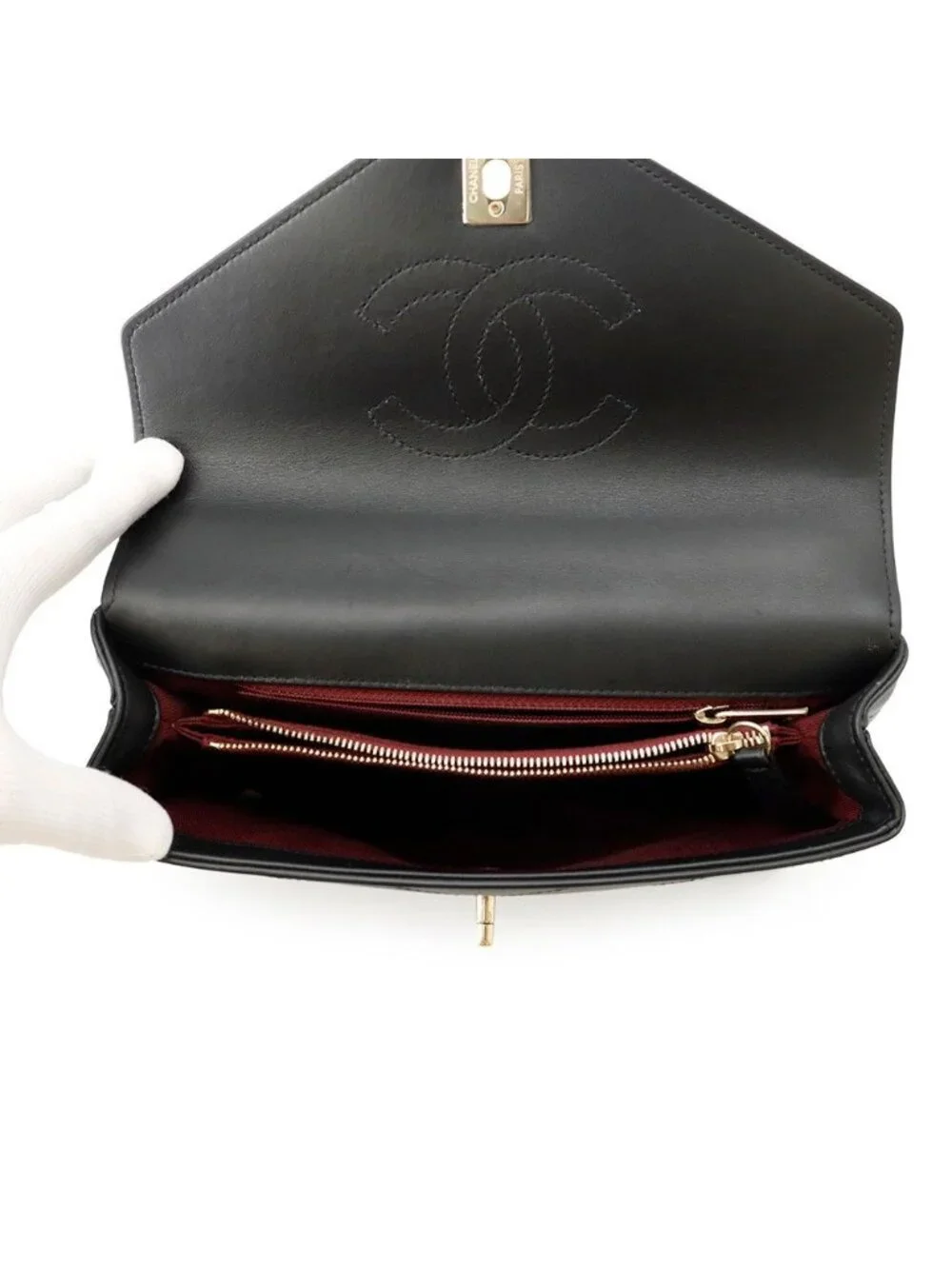 Chanel Chain Shoulder Bag Blanc CC Logo Leather Stitch Black 2-Way